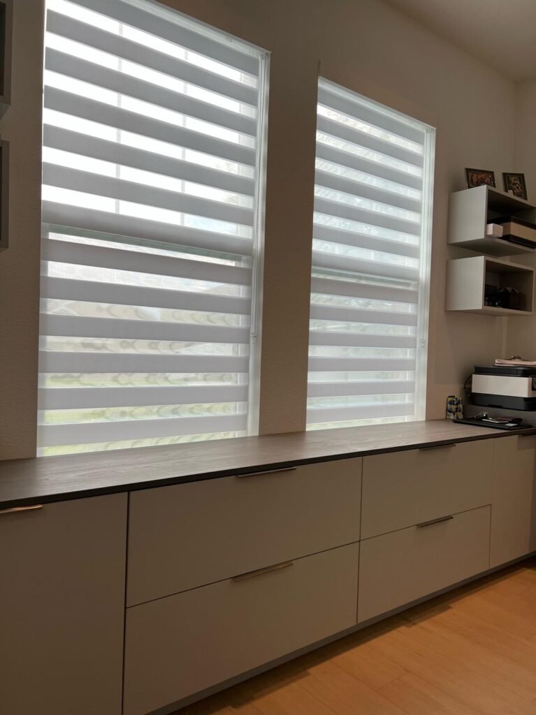 roller shades in a modern living room with clean lines and natural light